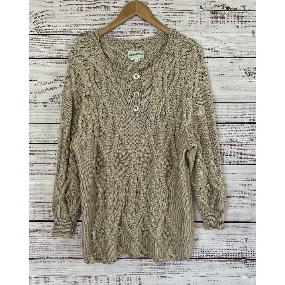 Deirdre McGuire Sweater Women's L Tan Handknit Ireland Aran Cable Knit Cottage